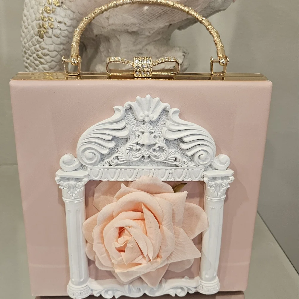Ornate Pink Floral Box Clutch with Gold Handle